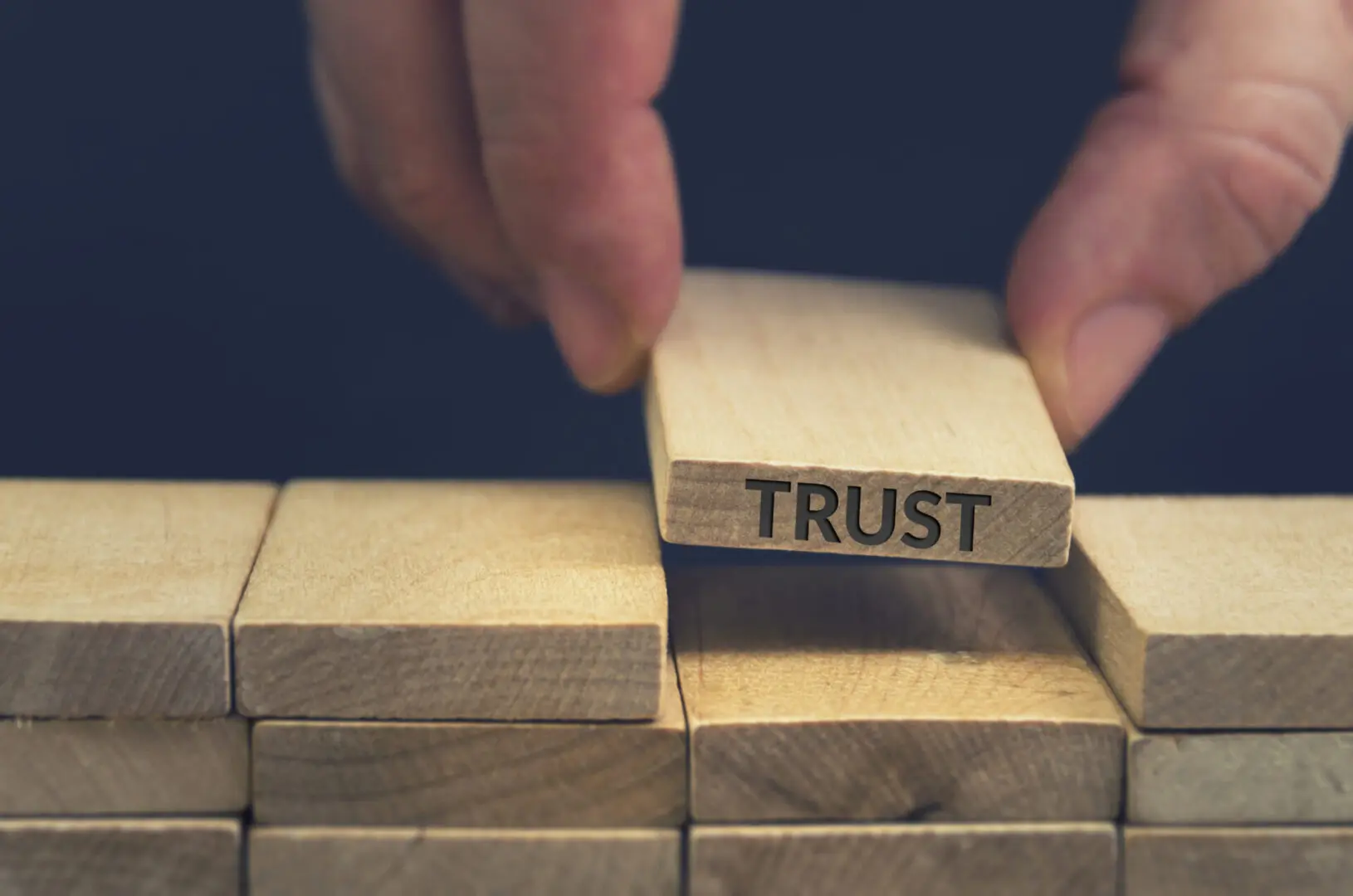 Hand placing block labeled "trust" on stack.