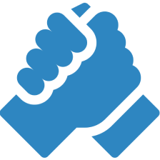 Blue handshake graphic on black background.